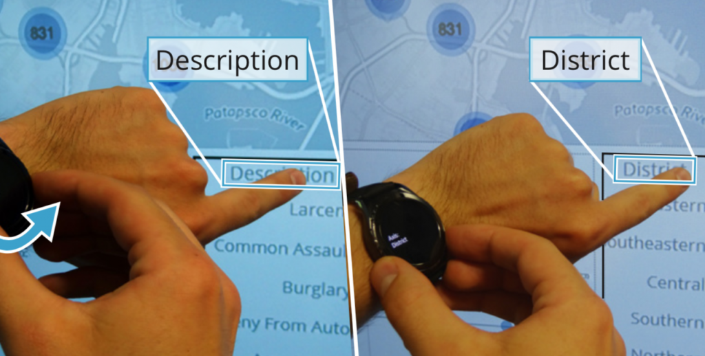 Figure shows user changing a visualization attribute on the large display using a smartwatch.