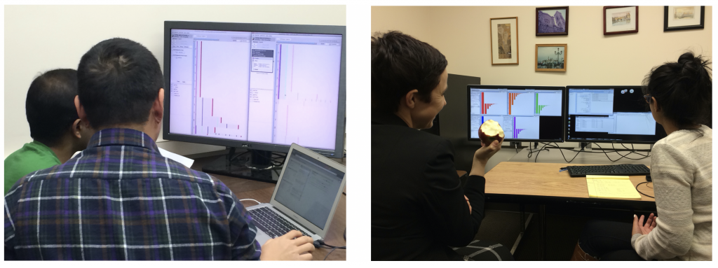 2 photos, each showing 2 users sitting in front of a computer, discussing a case study.